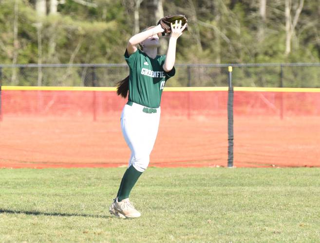 Greenfield’s Carson Farrell makes a catch in left field during the Green Wave’s 4-0 loss to Hampshire on Monday afternoon in Westhampton.