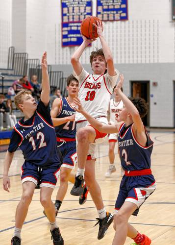 Athol’s Ben Kearney (10) puts up a shot against Frontier earlier this season at Goodnow Gymnasium in South Deerfield.