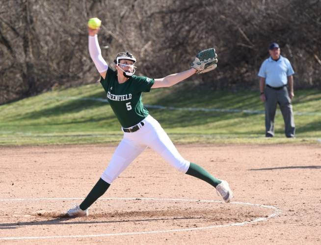 Greenfield’s MacKenzie Paulin throws a pitch to a Hampshire batter during the Green Wave’s 4-0 loss to the Raiders on Monday afternoon in Westhampton.