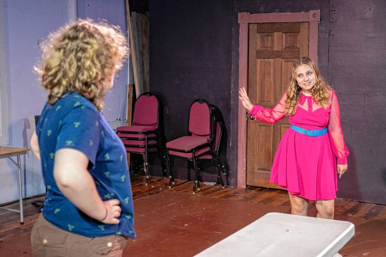 From left, Ren Waggenbeek and April Rooney-Adams rehearse “Mind Matters Most: A Mental Health Cabaret.”