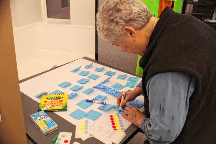Resident Pam Kelly writes down her suggestions for Greenfield’s master plan, as the city and The Conway School sought residents’ ideas Monday night.