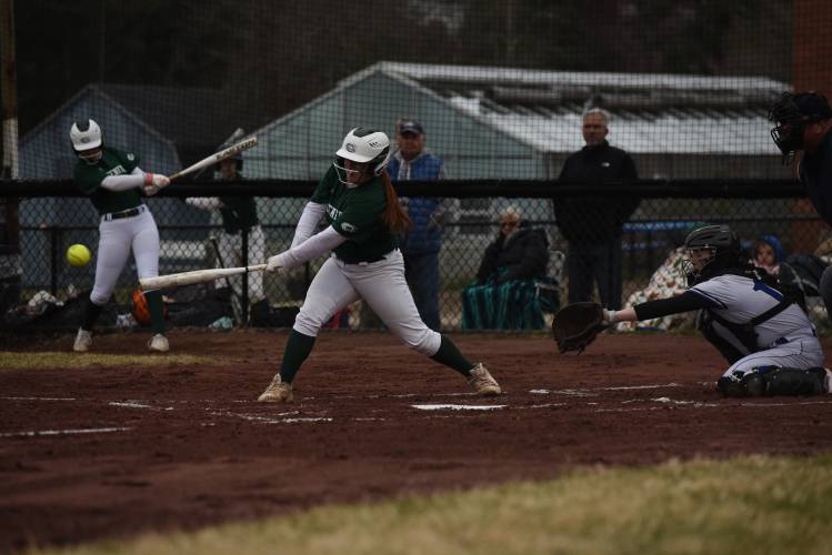 Greenfield's Olivia Lemay puts the bat on the ball against Turners Falls on Friday at Gary Mullins Field. 