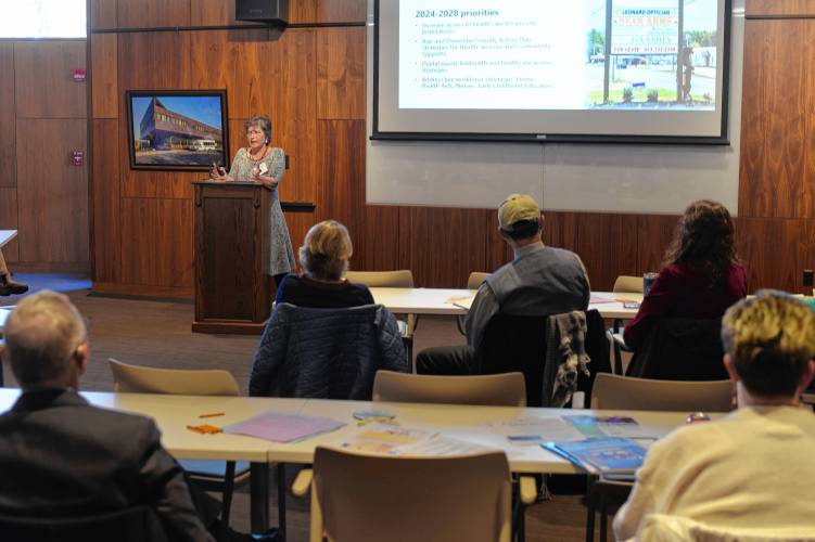 Phoebe Walker of the Franklin Regional Council of Governments speaks at a Community Health Improvement Plan discussion at the John W. Olver Center in Greenfield on Thursday.