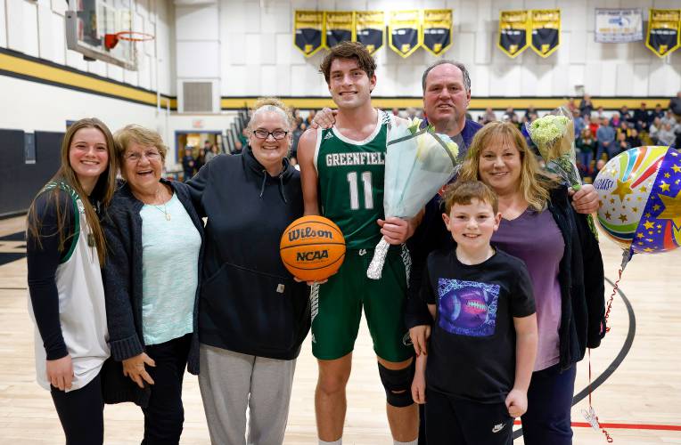 Greenfield’s Jonathan Breor celebrates his 1,000th career point in the second quarter against Pioneer on Monday night in Northfield.