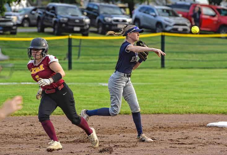 Franklin Tech shortstop Kaitlin Trudeau (6) throws out a Lenox runner during the Eagles’ 10-5 victory in the MIAA Division 5 Round of 16 on Tuesday at Nancy Gifford Field in Turners Falls.