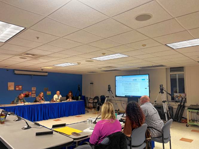 Gill-Montague Regional School District School Resource Officer Dan Miner speaks at the School Committee meeting Tuesday night regarding his position being cut as part of the approved fiscal year 2026 budget.