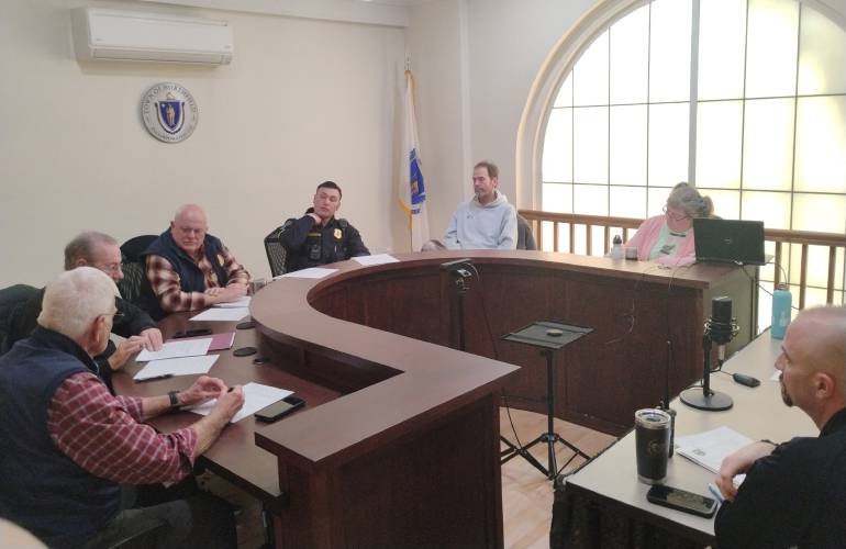 From left, Northfield Emergency Services Facility Committee members Dan Campbell, Steve Seredynski, Floyd “Skip” Dunnell III, Oleg Cobileanschi, David McCarthy and clerk Wendy Levy at a meeting on Wednesday at Town Hall. Northfield EMS Chief Matt Wolkenbreit sits off to the right.