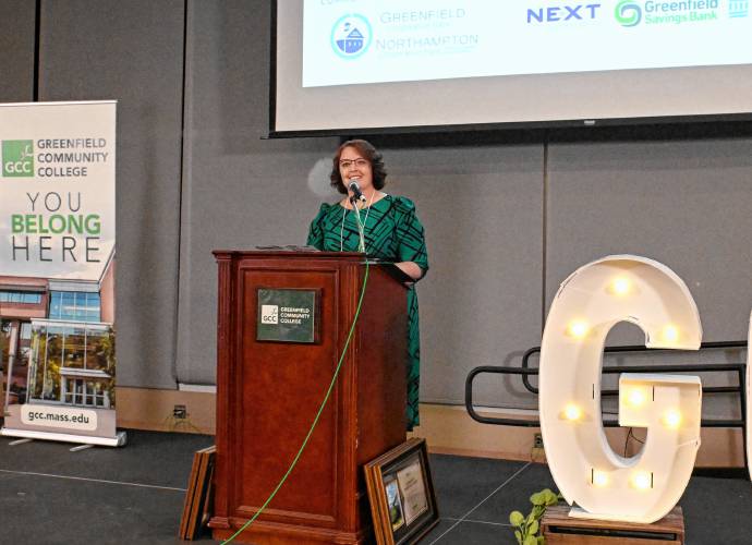Greenfield Community College President Michelle Schutt speaks at the GCC Foundation’s “Building Bridges and Belonging: GCC’s Celebration of Community” fundraising dinner last week.