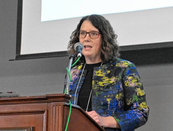 Alexis Page, executive director of the Greenfield Community College Foundation, welcomes those attending the foundation’s “Building Bridges and Belonging: GCC’s Celebration of Community” fundraising dinner last week.