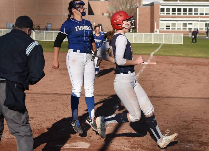 Frontier’s Delaney Fifield scores the game-winning run against Turners Falls in a 2-1 victory on Wednesday at Zabek Field in South Deerfield.
