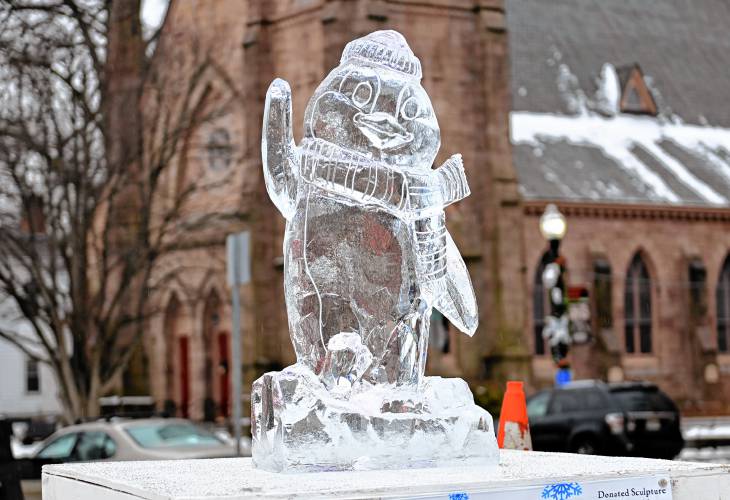 Summit Ice donated this penguin ice sculpture on the Greenfield Common.