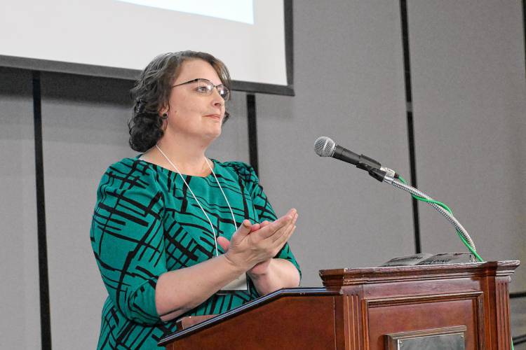 Greenfield Community College President Michelle Schutt speaks the GCC Foundation’s “Building Bridges and Belonging: GCC’s Celebration of Community” fundraising dinner last week.