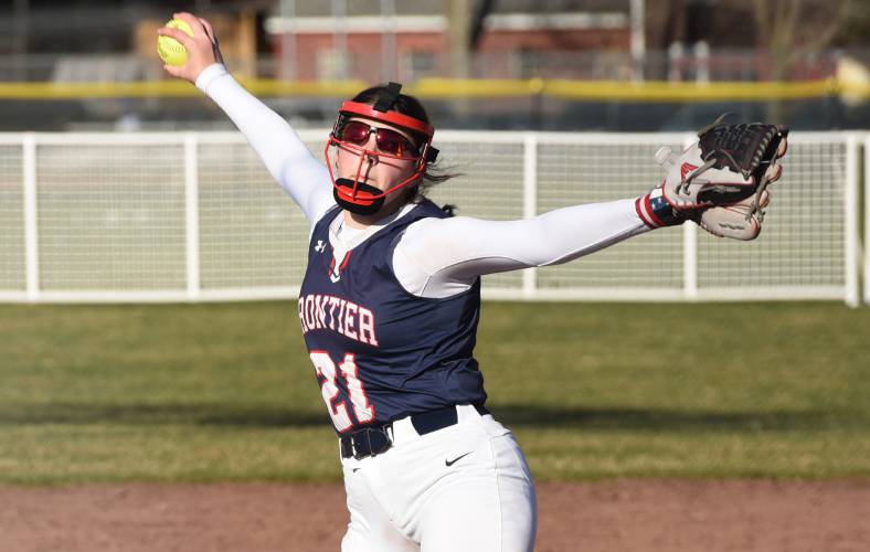 Frontier’s Raine Wonsey delivers a pitch against Turners Falls in a 2-1 victory on Wednesday at Zabek Field in South Deerfiel