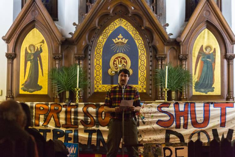 Ben Clark, of Clarkdale Fruit Farms pictured here in March 2016, speaks at the anti-pipeline rally at St. James Episcopal Church in Greenfield at the conclusion of day three of the 46-mile walk to stop the Kinder Morgan NED pipeline.