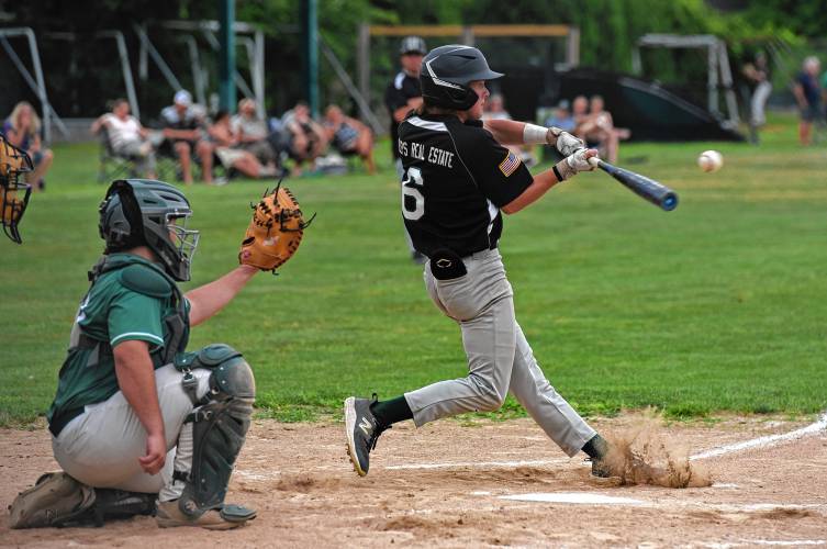 Greenfield Post 81’s Jackson Campbell (6) connects during the third inning of the team’s American Legion Senior Division quarterfinal game against Wilbraham on Monday night at Vets Field in Greenfield.