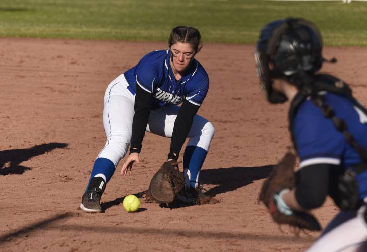 Turners Falls first baseman Janelle Massey (12) fields a bunt attempt against Frontier during the host Redhawks’ 2-1 victory on Wednesday in South Deerfield.