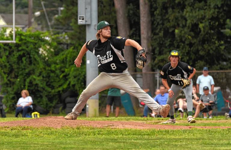 Greenfield Post 81’s Ian Simpson delivers a pitch during his the team’s American Legion Senior Division quarterfinal game against Wilbraham on Monday night at Vets Field in Greenfield.
