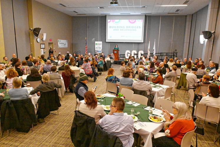 Greenfield Community College President Michelle Schutt speaks at the GCC Foundation’s “Building Bridges and Belonging: GCC’s Celebration of Community” fundraising dinner last week.