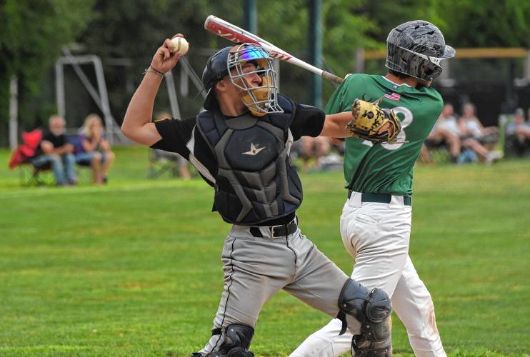 Greenfield Post 81 catcher Daniel Bussard throws down to second base with Wilbraham’s Ryan Atkin (18) at bat during an American Legion Senior Division quarterfinal game on Monday night at Vets Field in Greenfield.