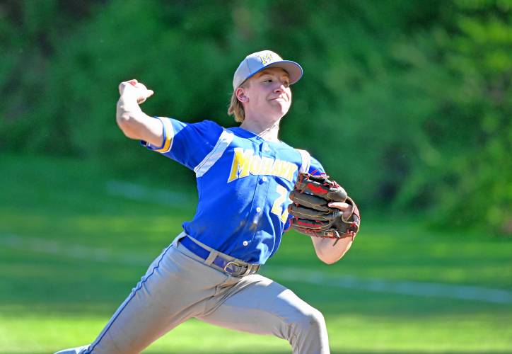 Mohawk Trail’s Logan Moore pitches against Smith Academy in Buckland Tuesday. 
