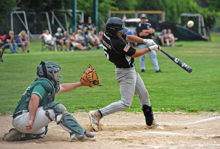 Greenfield Post 81’s Braeden Tsipenyuk connects during his the team’s American Legion Senior Division quarterfinal game against Wilbraham on Monday night at Vets Field in Greenfield.