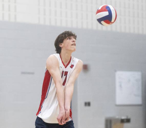 Frontier's Tegan Dexter looks to bump the ball during the volleyball game against West Springfield at Frontier High School, Tuesday, April 8, 2025, in South Deerfield.
