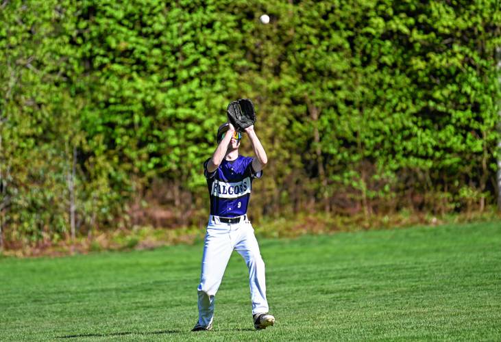 Smith Academy’s Connor Kowalski pulls in a fly ball against Mohawk Trail in Buckland Tuesday. 