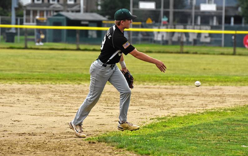 Greenfield Post 81 third baseman Logan Moore tosses the ball back in after snagging a line drive to end an inning during his the team’s American Legion Senior Division quarterfinal game against Wilbraham on Monday night at Vets Field in Greenfield.