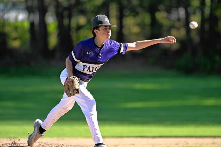 Smith Academy’s Oscar Higuera pitches against Mohawk Trail in Buckland Tuesday. 