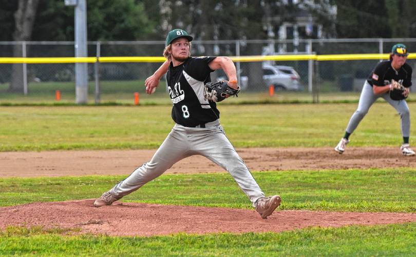 Greenfield Post 81’s Ian Simpson delivers a pitch during his the team’s American Legion Senior Division quarterfinal game against Wilbraham on Monday night at Vets Field in Greenfield.