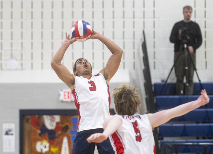 Frontier's Tavo Vincent-Warner (3) sets the ball during the volleyball game against West Springfield at Frontier High School, Tuesday, April 8, 2025, in South Deerfield.