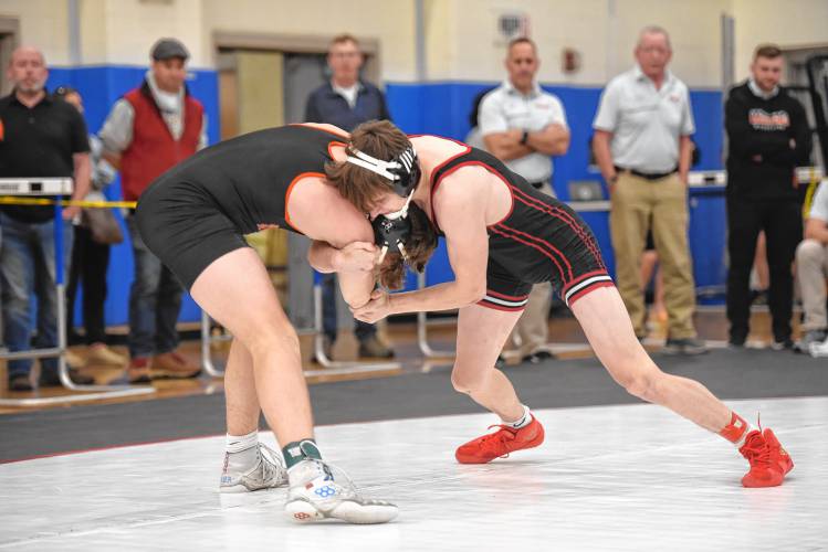 Athol’s Riley Reed (right) competes against Wayland’s Cole Duffy at the MIAA Div. 3 Central Mass. Championship at Ashland High School on Saturday.  