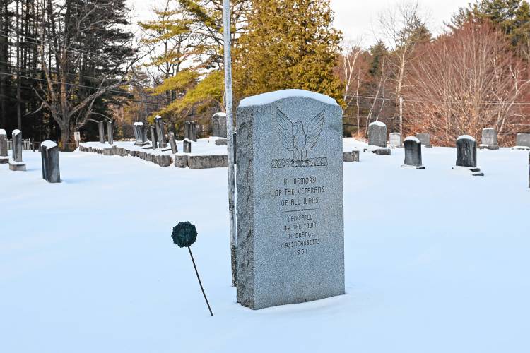 A veteran’s memorial in Holtshire Cemetery near Lake Mattawa in Orange.