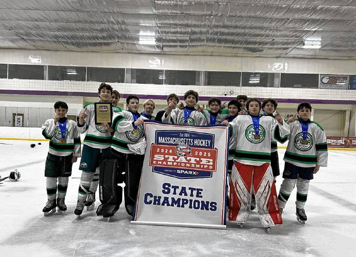 The Franklin County Hockey Association’s 14U Bantam team after winning the Massachusetts Tier III Small Division State Championship on Sunday at New England Sports Center in Marlborough. The Franklin County Hockey Association’s 14U Bantam team after winning the Massachusetts Tier III Small Division State Championship on Sunday at New England Sports Center in Marlborough.