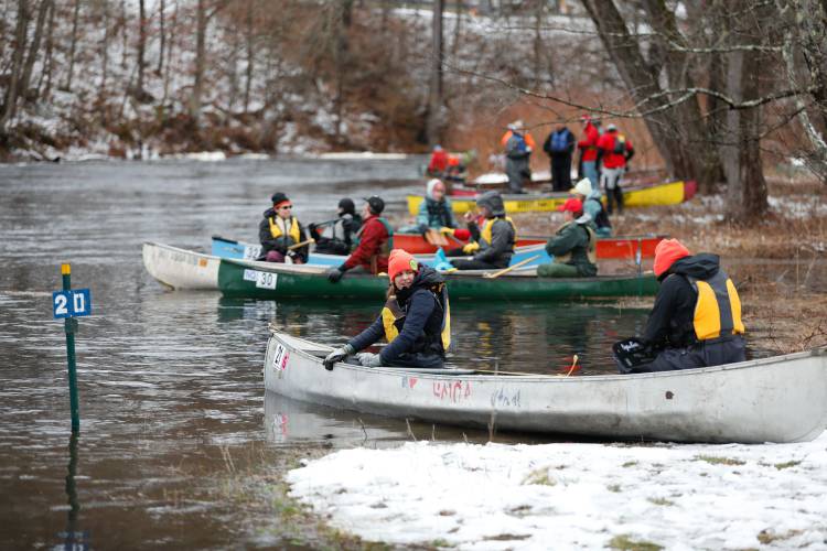Competitors get into their starting positions during the 60th annual River Rat Race from Athol to Orange on Saturday.